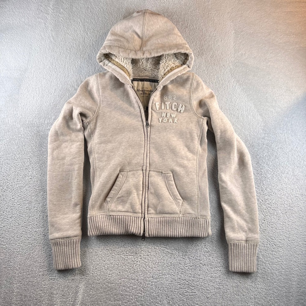Abercrombie & Fitch Hoodie Sweatshirt Women M tan Faux Fur Lined Full Zip 2000s